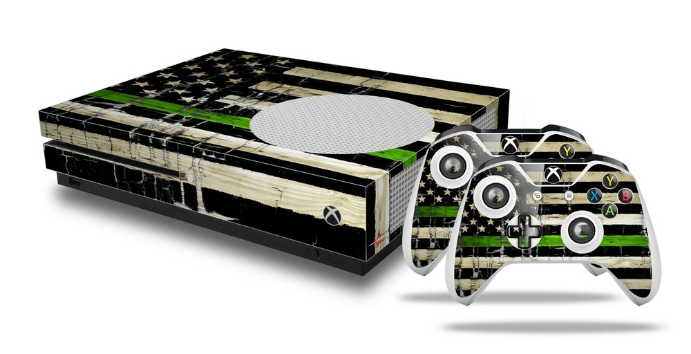 Skin XBOX One S Console Controller Painted Cracked Green Line USA American Flag