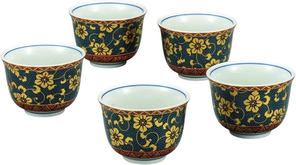 Kutani Ware Tea Cup Set 5pcs Blue Gold Accent Ceramic Japan Japanese Tea Gadgets