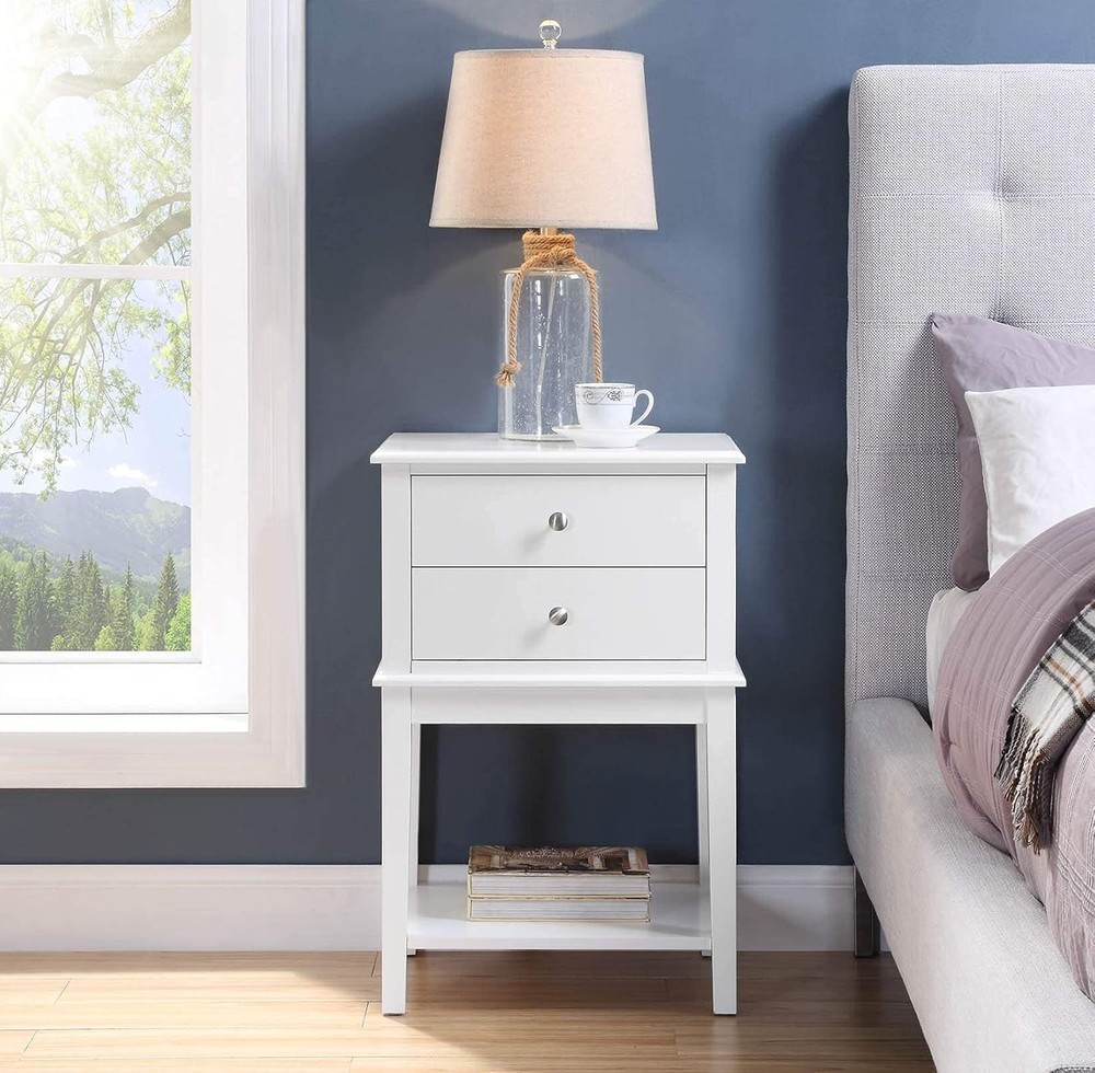 Conifferism White Nightstand with 2 Drawers and Storage Shelf, 28 Inches High