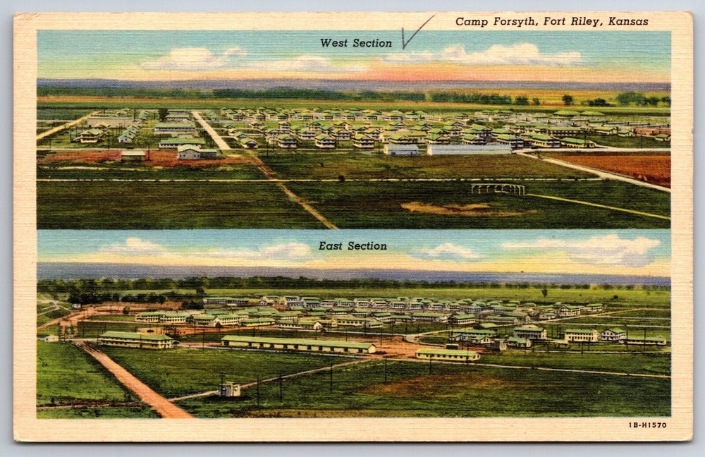 Military~Fort Riley Kansas~Camp Forsyth West & East Sections~Linen Postcard