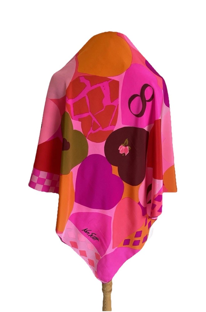 S52#Ken Scott Vintage Silk Scarf Pink Abstract Floral Graphic Square Italy-image
