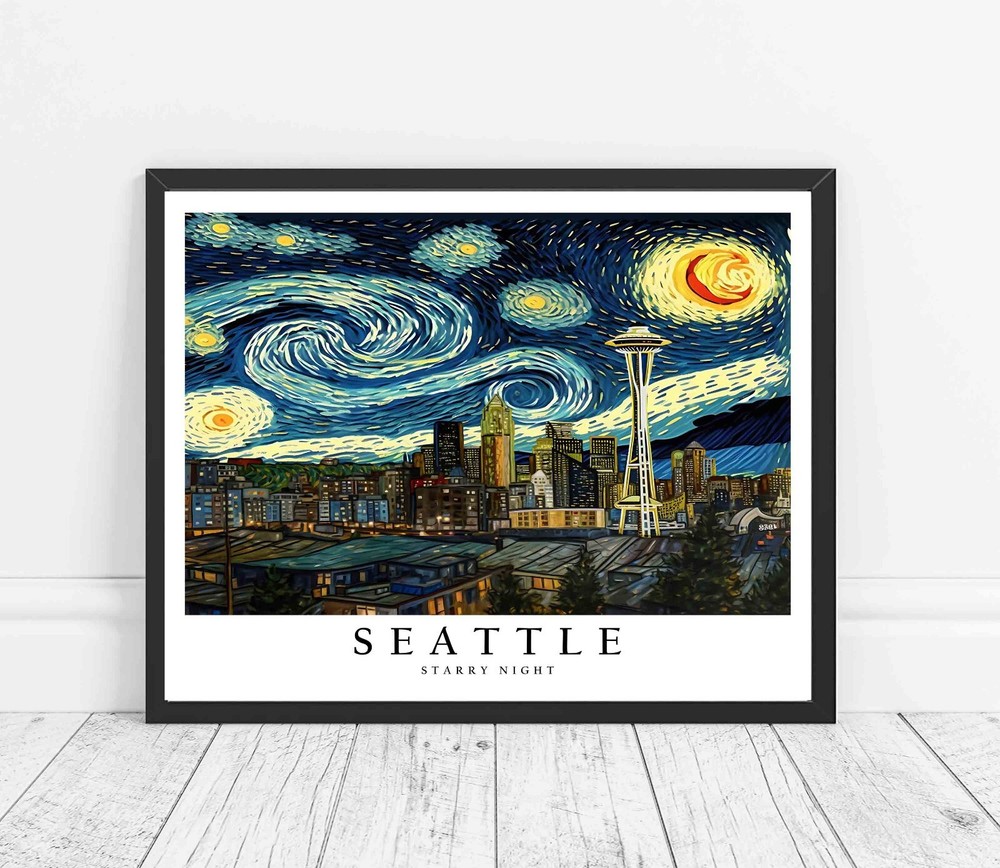 Seattle City Starry Night Photo Art Print Poster Wall Art Painting