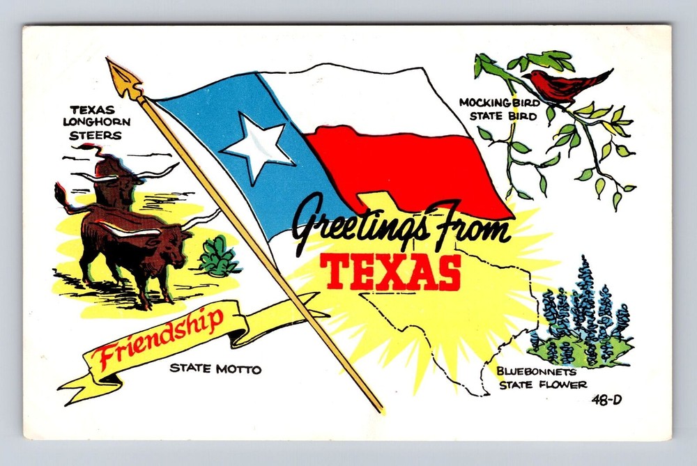 TX-Texas, General Landmark Greetings, Flag, Bird, Flower, Vintage Postcard