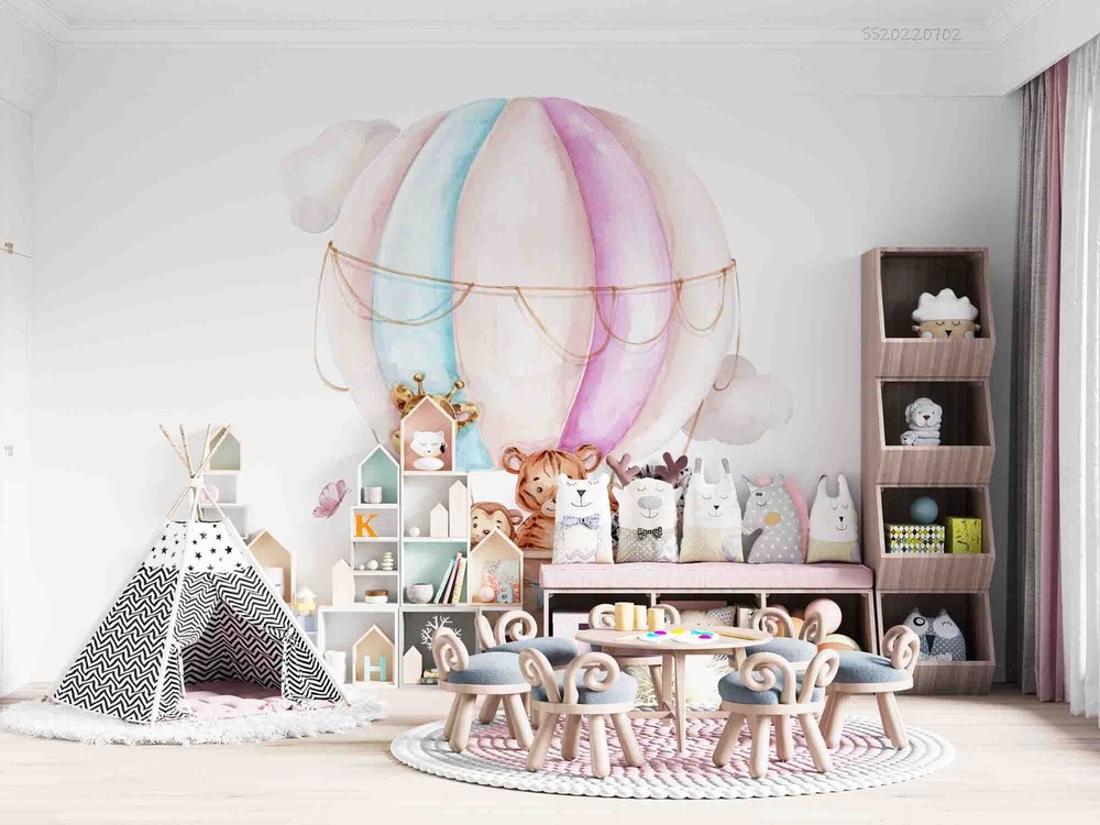 3D Watercolor Hot Air Balloon Animal Wall Murals Wallpaper Murals Wall Sticker