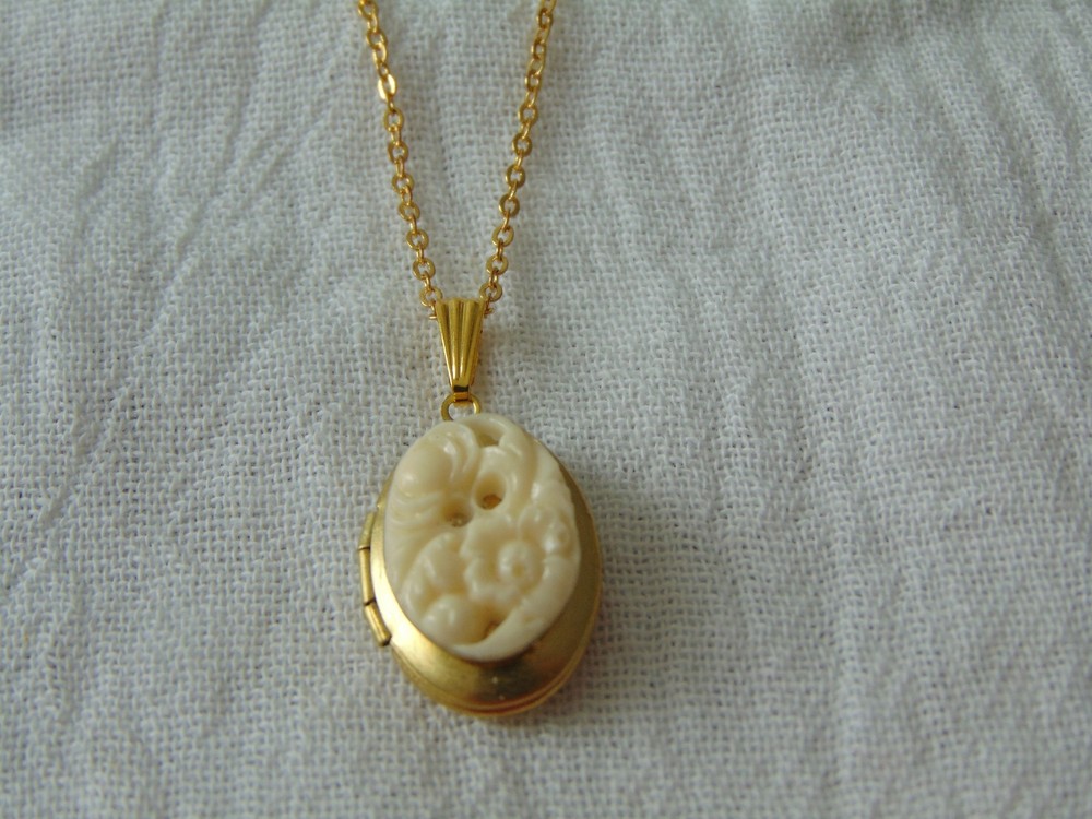 vintage carved faux Ivory locket pendant necklace