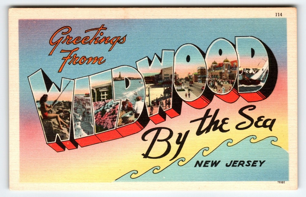 Wildwood By The Sea New Jersey Linen Large Big Letter Postcard Greetings From NJ