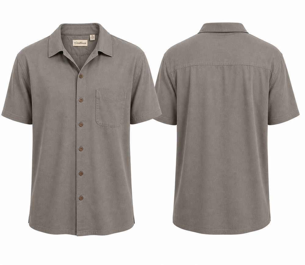 Caribbean Shirt Mens XL Gray Modal Blend Button Up Camp Modal Short Sleeve B1#18