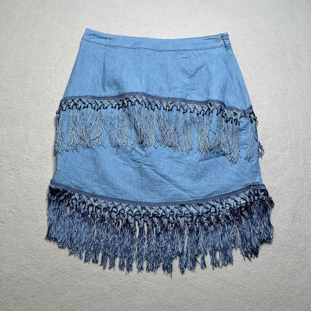 Egreis Women’s Fringe Skirt Blue Y2K Boho Western Festival Mini Skirt Size Small