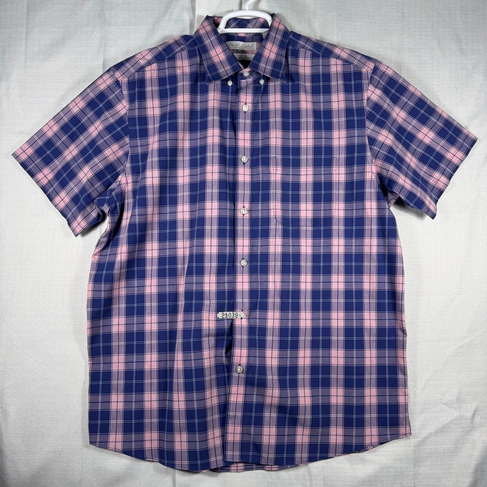 Roundtree & Yorke Gold Label Mens Large Non-Iron Cotton Plaid Shirt Pink Navy