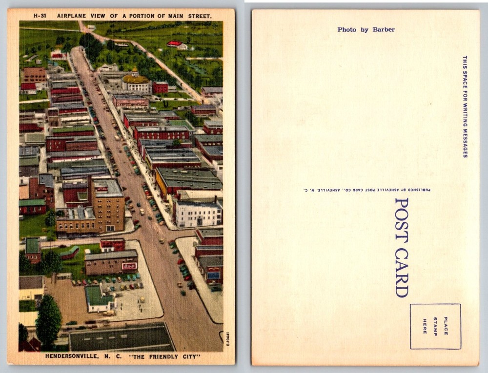 Hendersonville NC Main Street Aerial View Postcard Asheville Post Card Co.