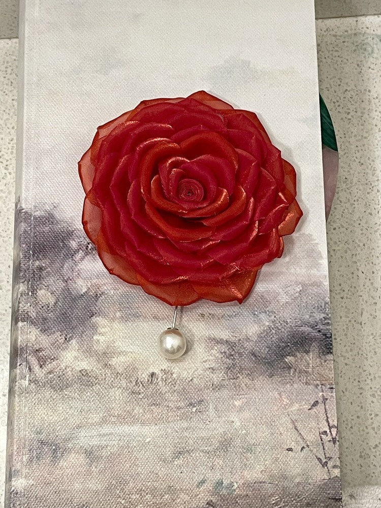 Nahn Do Handmade Red Organza Flower Brooch Lapel Pin Jewelry With Pearl Closure