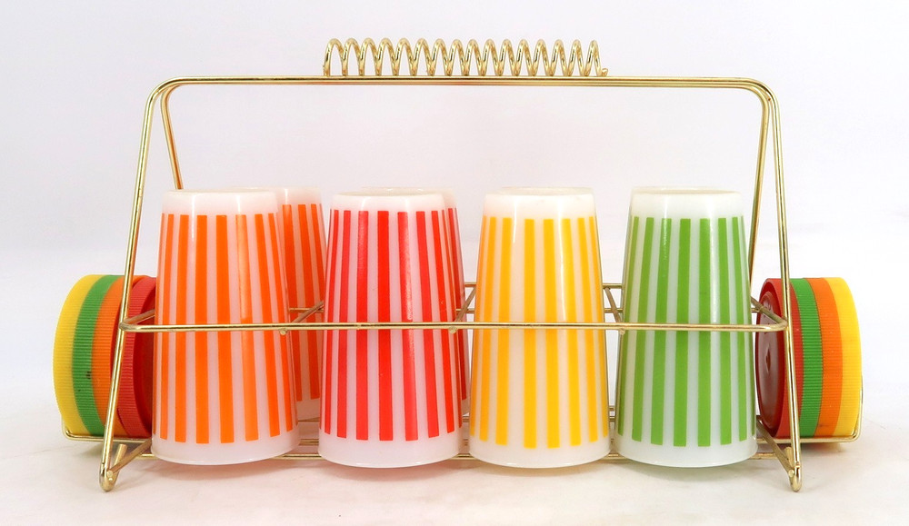 1950s/60s Hazel Atlas Candy Stripe Colony Tumblers w Coasters & Gold Wire Caddy