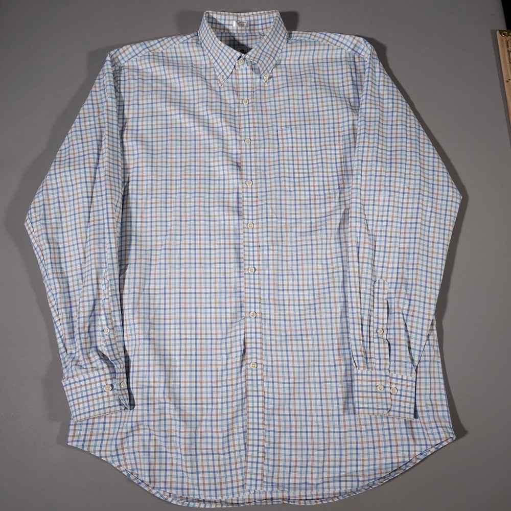 Peter Millar Button Down Shirt Mens XL Tall Blue Tan Check Nanoluxe Easy Care