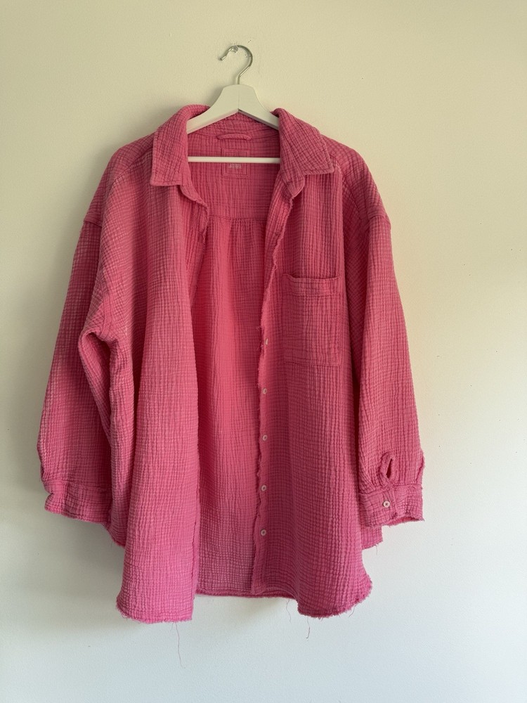 ✿ Aerie Waffle Cotton Shirt XL Pink Textured Button Front Gauze Boho Oversized