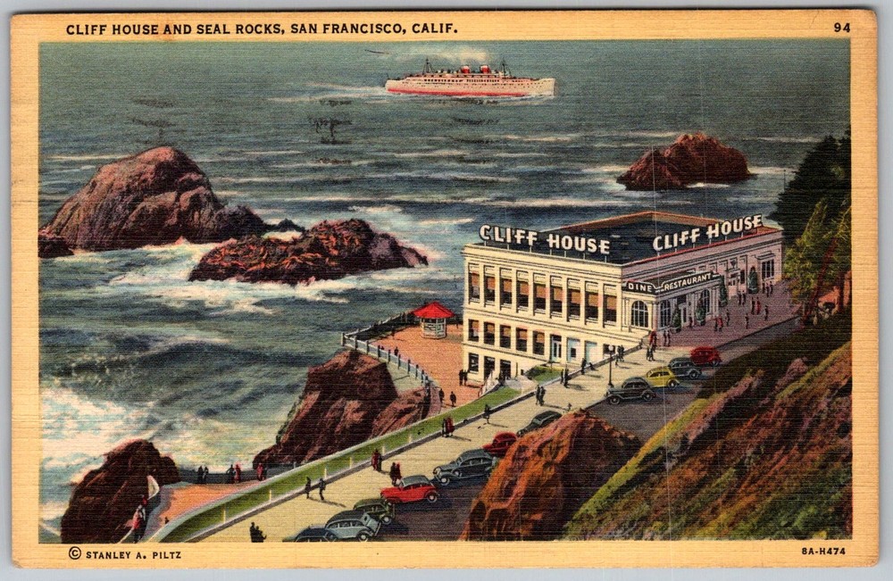 Vtg Linen Postcard Cliff House & Seal San Francisco, CA 1940s