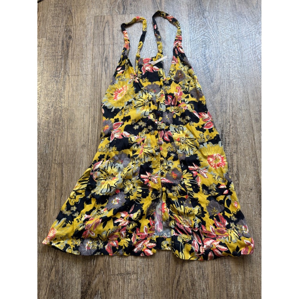 Free People Floral Mini Dress Yellow Black Button Front Boho Strappy Size 0