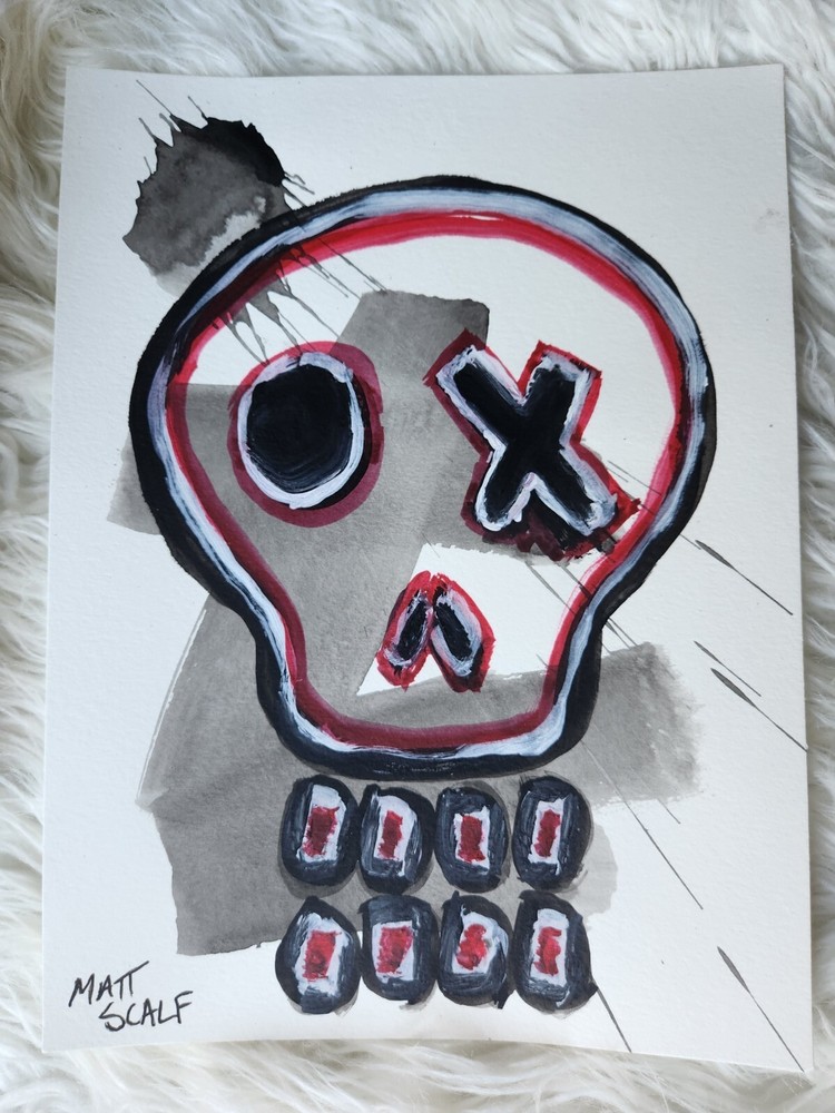 Matt Scalf Abstract Skull Skeleton Graffiti Street Art 9x12 ORIGINAL PAINTING-image