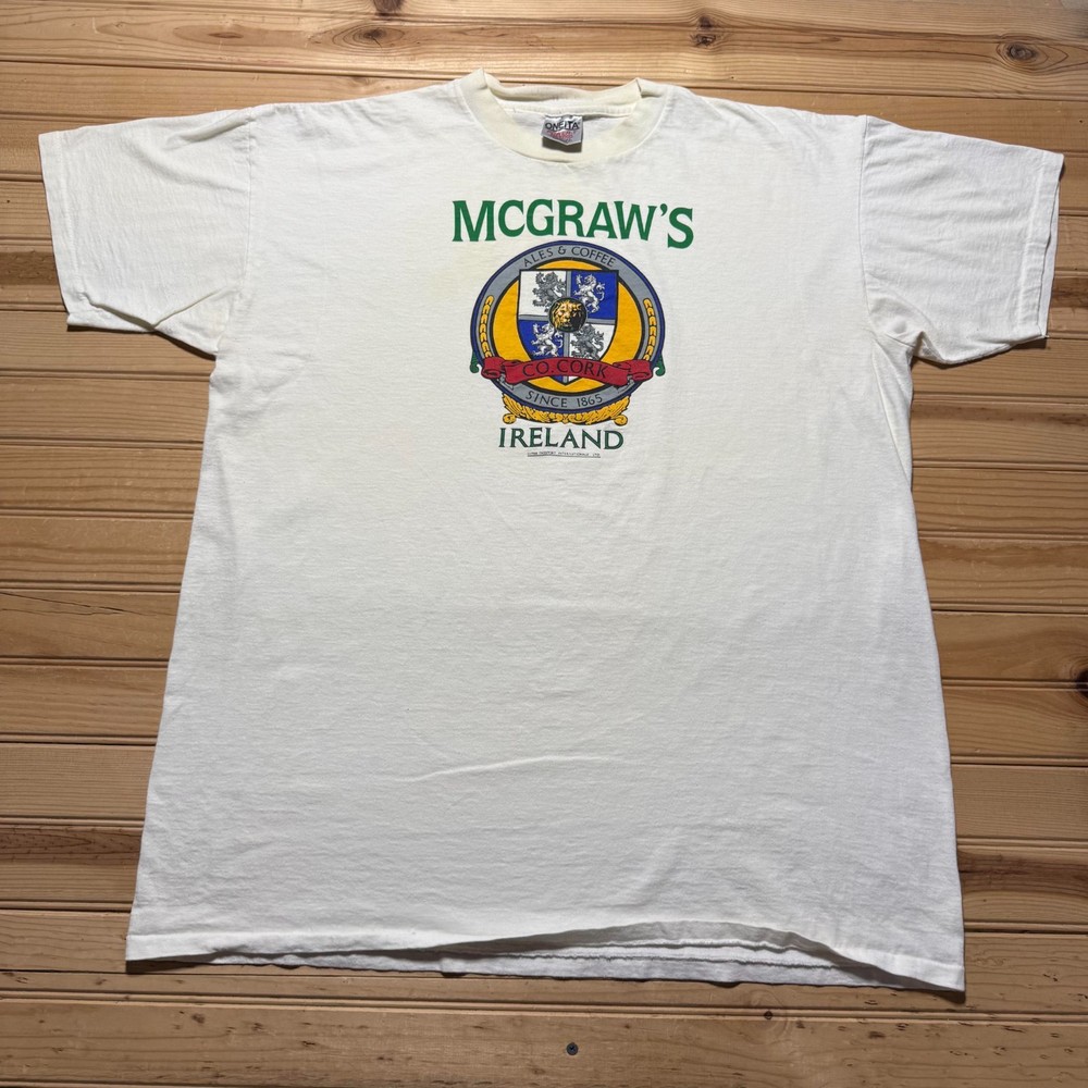 Vintage 1988 McGraw's Ireland Ales & Coffee Crest Graphic T-Shirt USA Made - 3XL