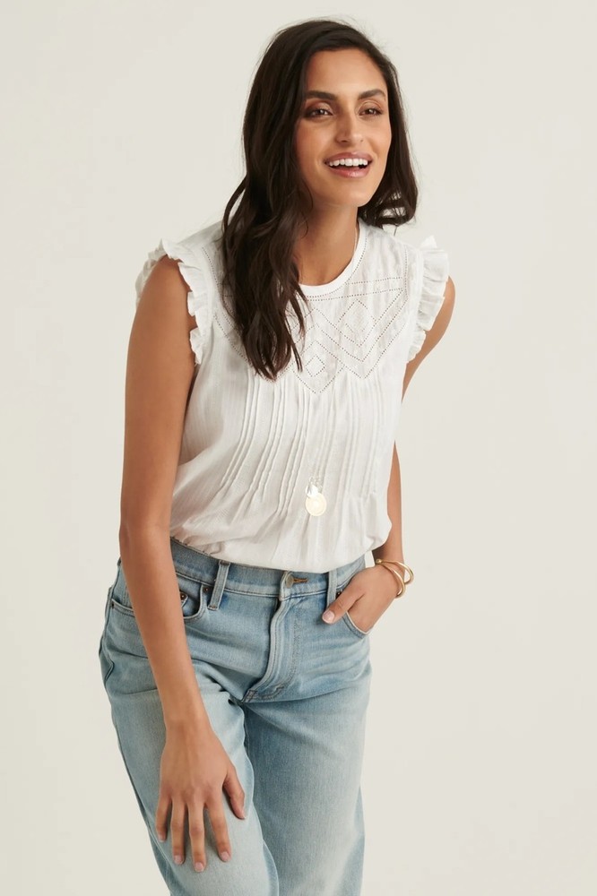 Lucky Brand White Pintuck Ruffle Top Sleeveless Boho Cottagecore  Size Large