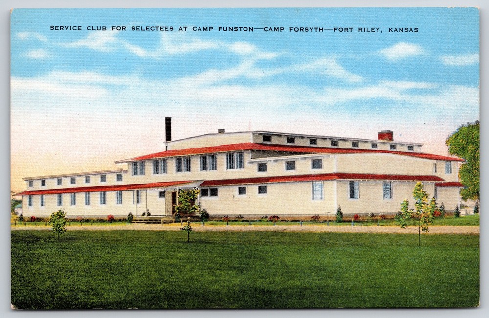Military~Front of Service Club For Selectees Camp Funston~Vintage Linen Postcard