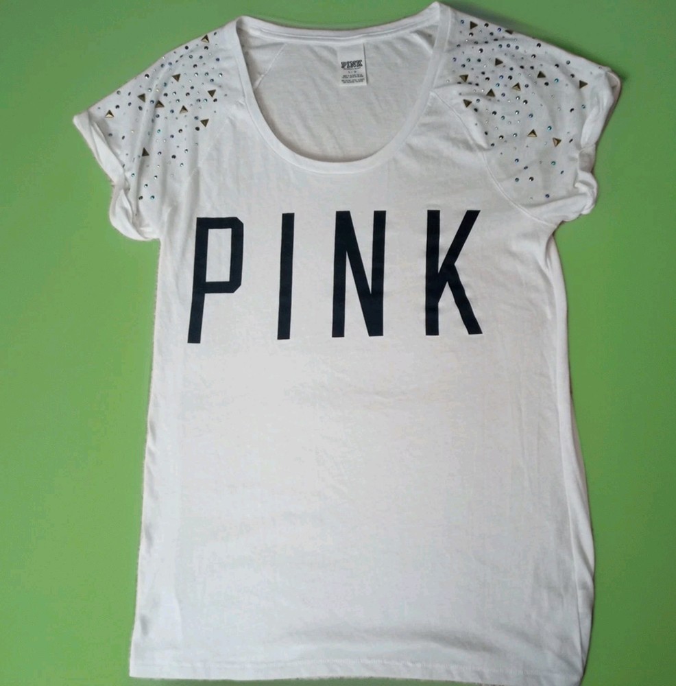 Victoria's Secret Pink Bling Rhinestone Scoop Neck T Shirt Roll Tab Sleeve Large