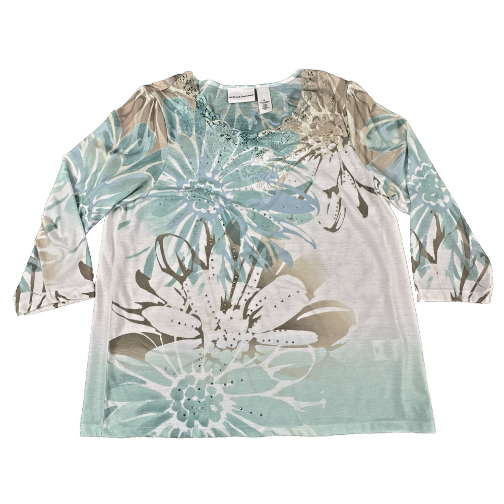 Alfred Dunner Women M Blouse Top Teal Green Floral Mesh Embellished 3/4 Sleeve