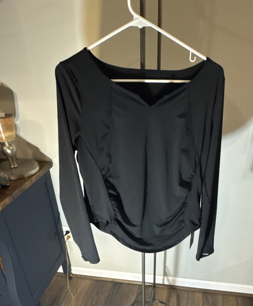 Halara Black Solid V-Neck Top Long Sleeve Pullover Women's Regular