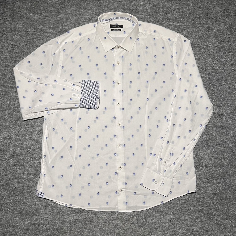 Bugatchi White Skull Long Sleeve Button Up Shirt Men Sz L Flip Cuff Shaped Fit