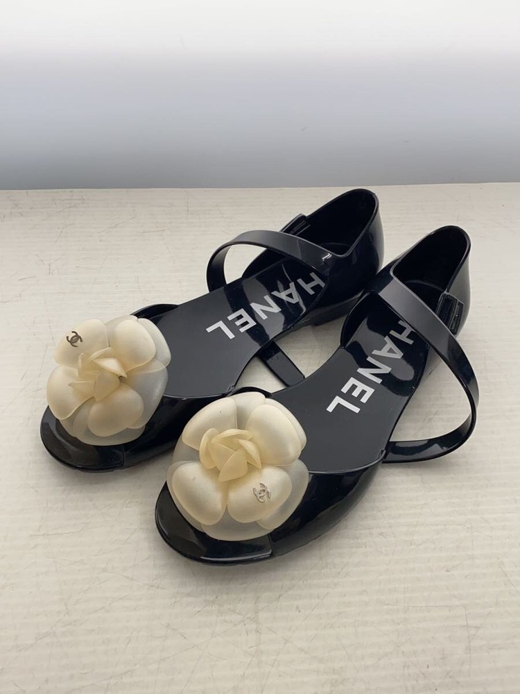 Authentic CHANEL Flat Sandal with Camellia Flowers CC EU 35.0 Black Rubber Used