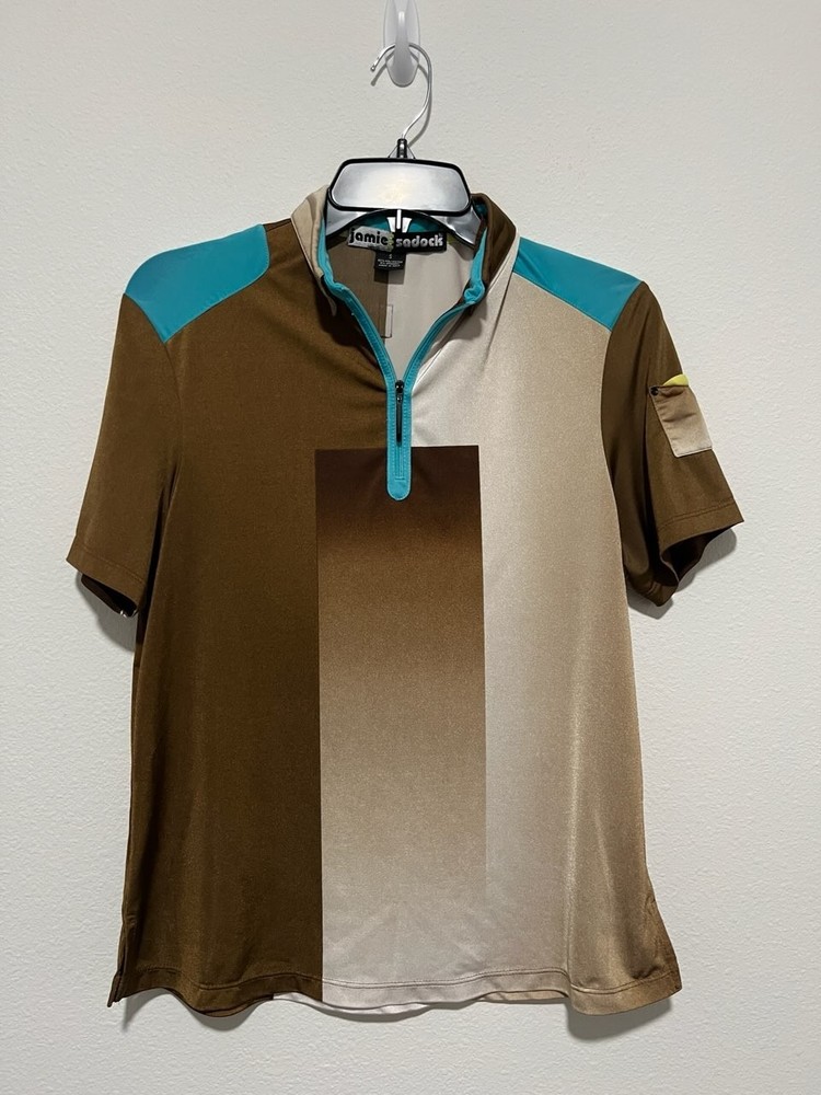 Jamie Sadock Shirt Women Small Brown Blue Short Sleeve Quarter Zip Golf Polo