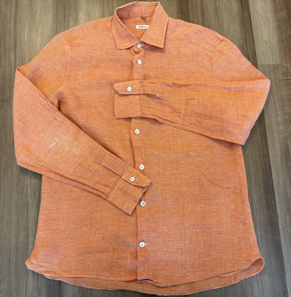 Kiton Linen Shirt Orange 15.5 40 Italy Luxury Long Sleeve Casual