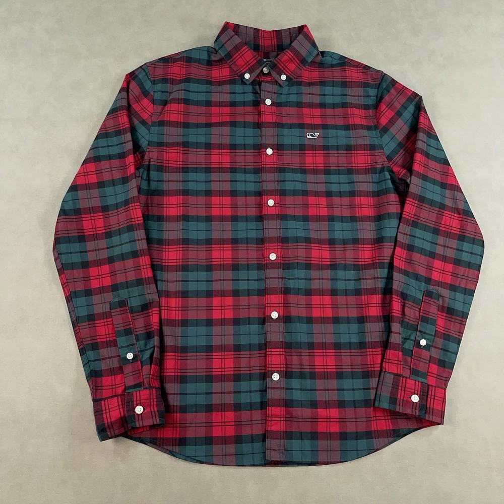 Vineyard Vines Shirt Boys Large Red Plaid On The Go Performance Button Up