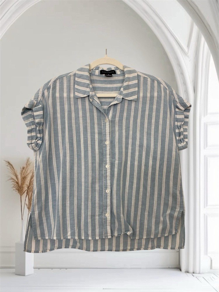 Sanctuary Womens Linen Blend Cap Sleeve Top Size Medium Blue Stripe Coastal Chic