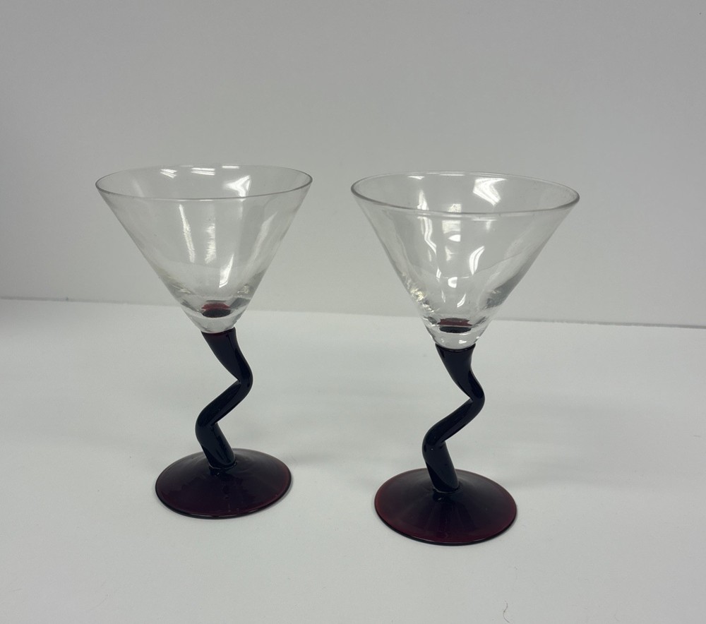 Vintage Zig Zag Martini Glasses Set / Red Z Stem Cocktail Glass