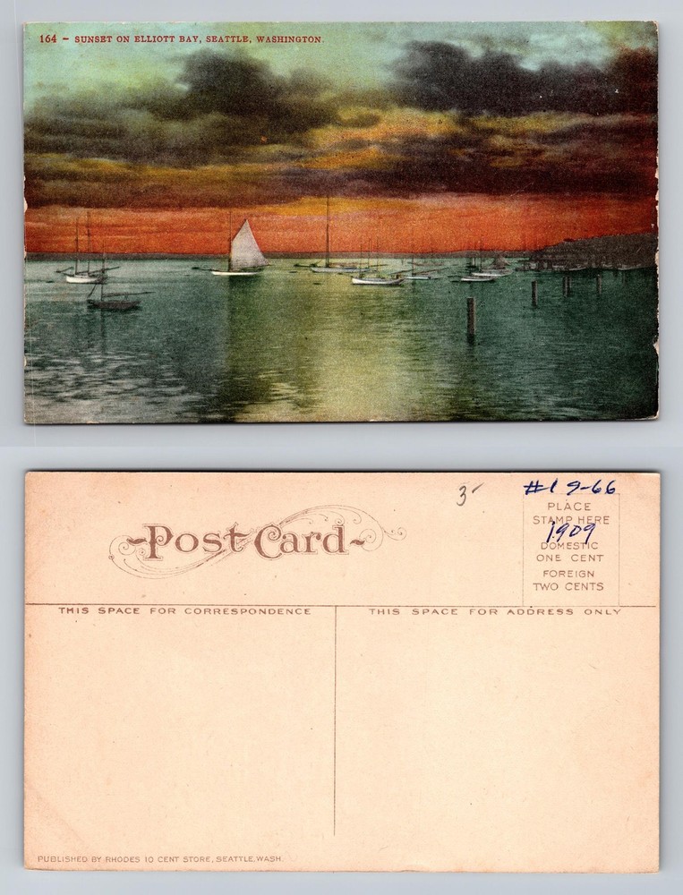 Seattle, WA-Washington, Sunset on Elliott Bay Sailboats Harbor Vintage Postcard