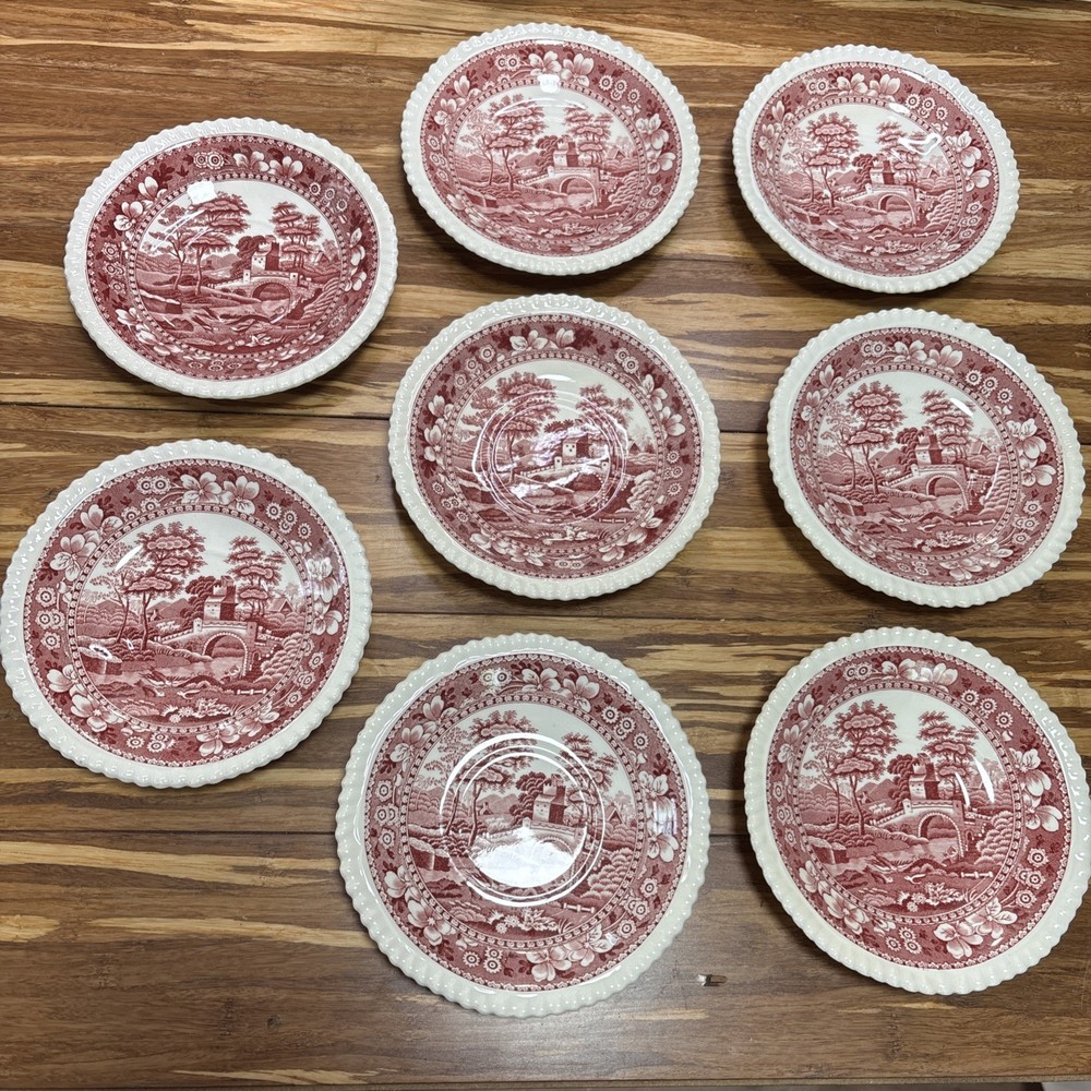 8 Copeland Spodes Tower Red / Pink Coupe Cereal Bowls/ Saucers 6”