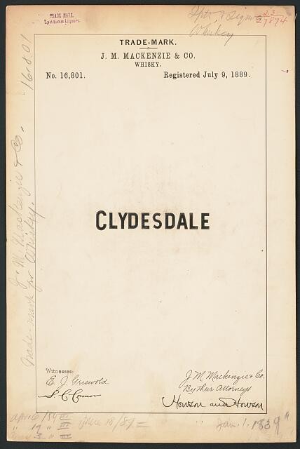 Photo:Clydesdale Whisky Trademark Registration J. M. Mackenzie 1889
