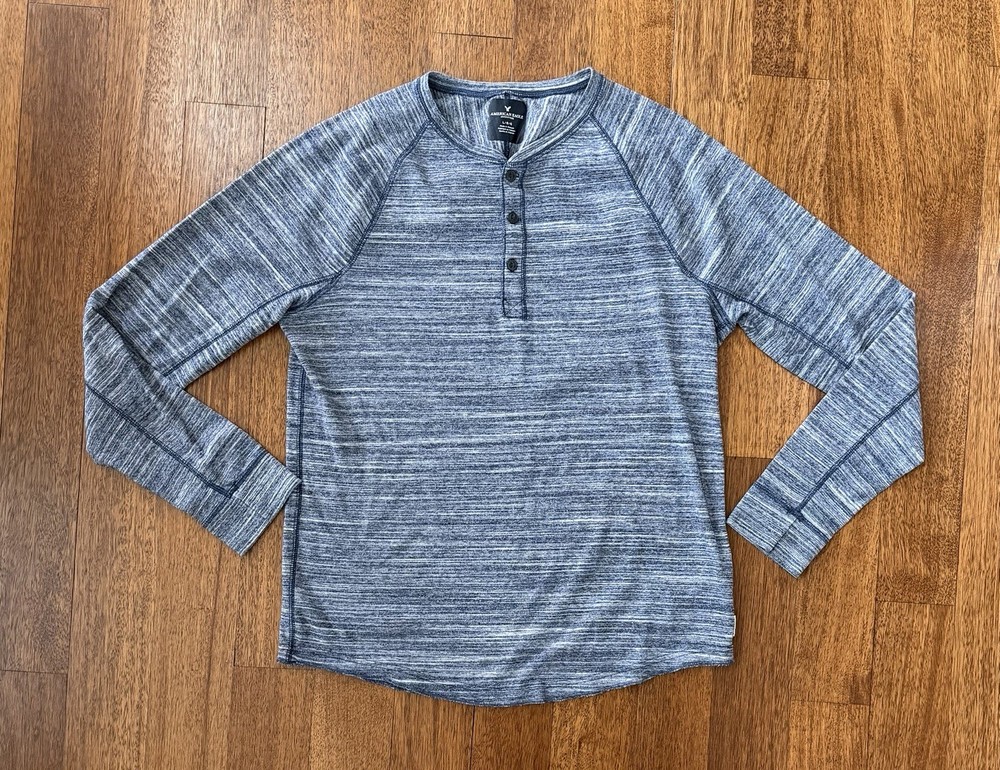 American Eagle AE Men’s Long Sleeve L Large Blue Henley Y2K