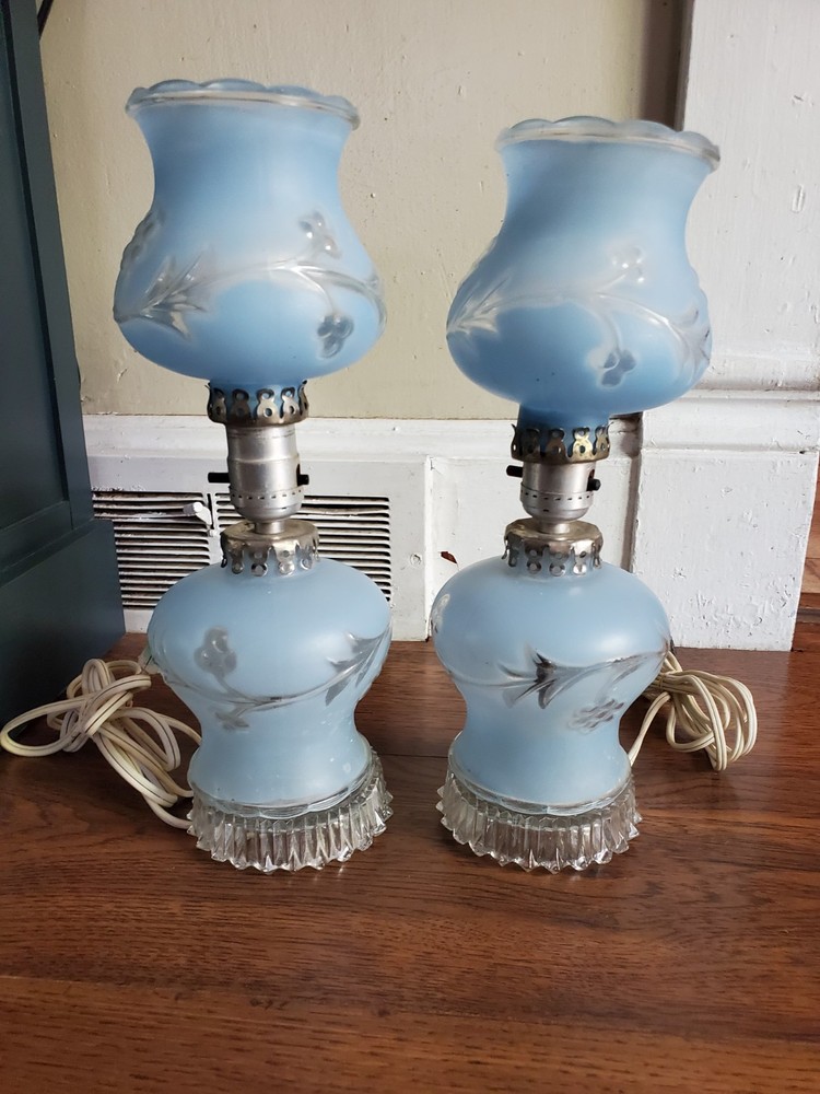 2 Vintage Fenton Press Electric Hurricane Lamp Blue Frosted Glass Etched Flowers