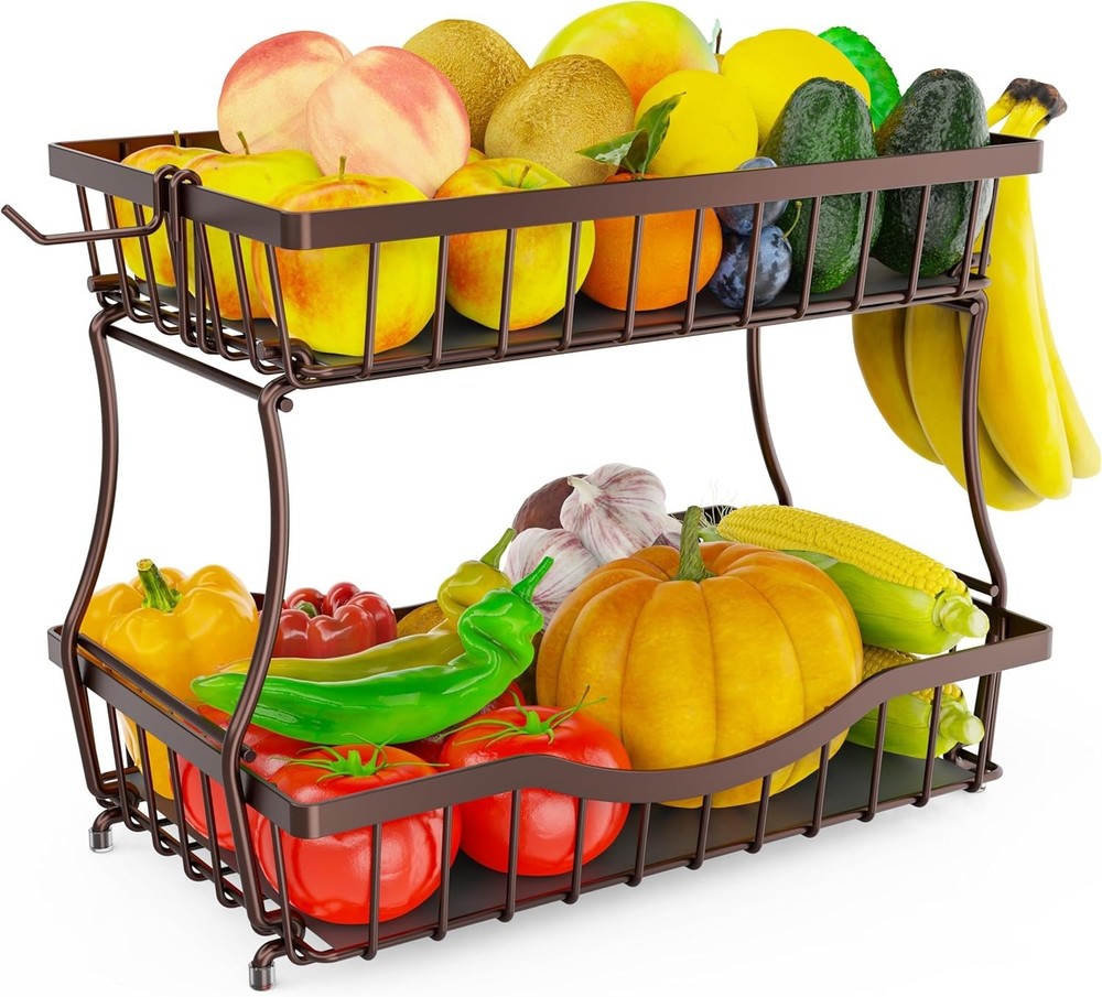 2 Tier Fruit Basket for Kitchen Counter with 2 Banana Hangers, Countertop Met...