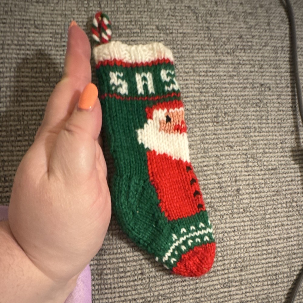 Handmade Knit Christmas Stocking Ornament Santa Green Red White Small “Sassy”