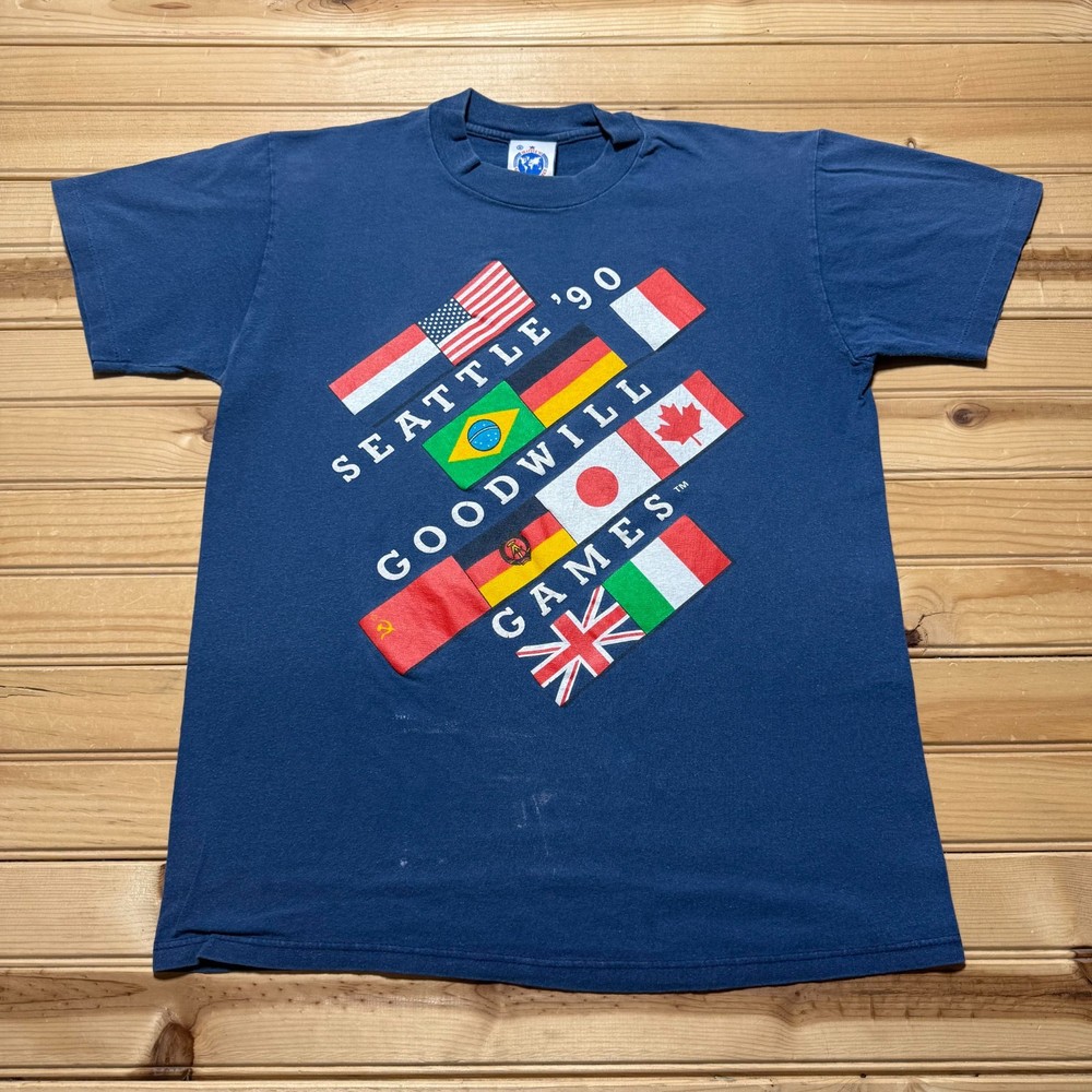 Vintage 90s Seattle Goodwill Games World Flags Graphic T-Shirt USA Made - Medium