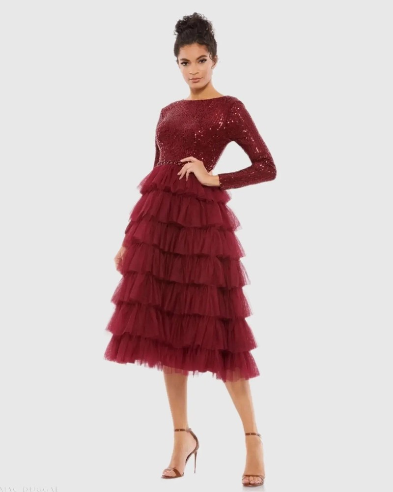 Ieena For Mac Duggal 26299 Red Sequin Tiered Tulle Skirt Glitter Dress Sz 6