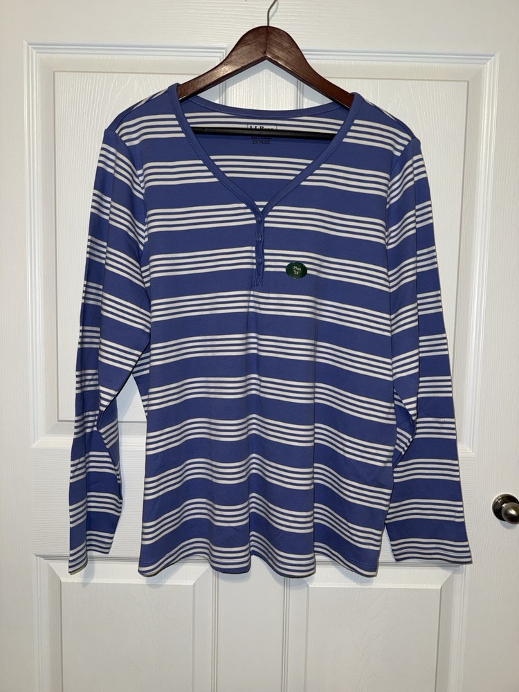 L.L. Bean Blue White Striped Henley Long Sleeve Top 1X Plus Knit Cotton