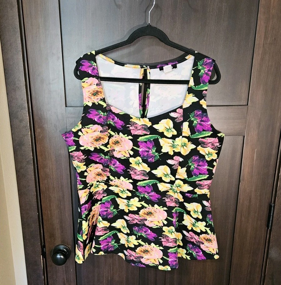 EUC Women's Plus Neon Floral Stretch Knit Sleeveless Peplum Top Size 2X