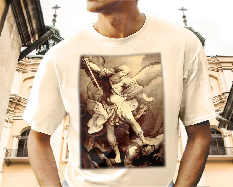 Saint Michael Archangel Destroys the Devil V9 Mens unisex T Shirt
