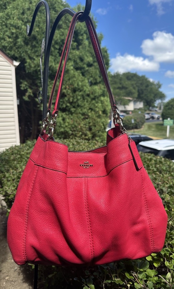 Coach Lexy Raspberry Red Pebble Leather Shoulder Bag Tote CarryAll