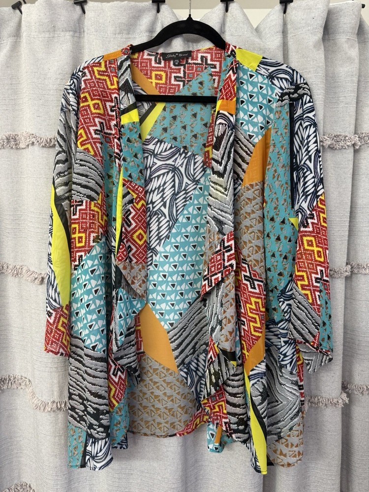 Slinky Brand Bright & Colorful Open Kimono Semi Shear Drape Coverup - SIZE 1X