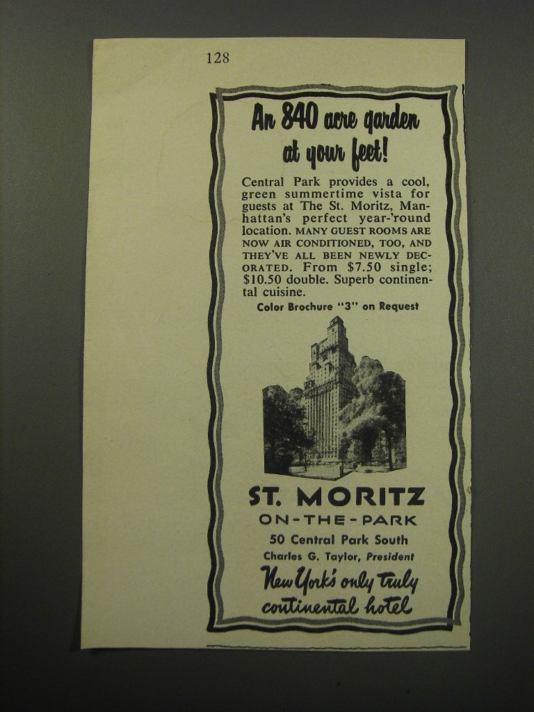 1955 St. Moritz On-The-Park Hotel Ad - An 840 acre garden at your feet