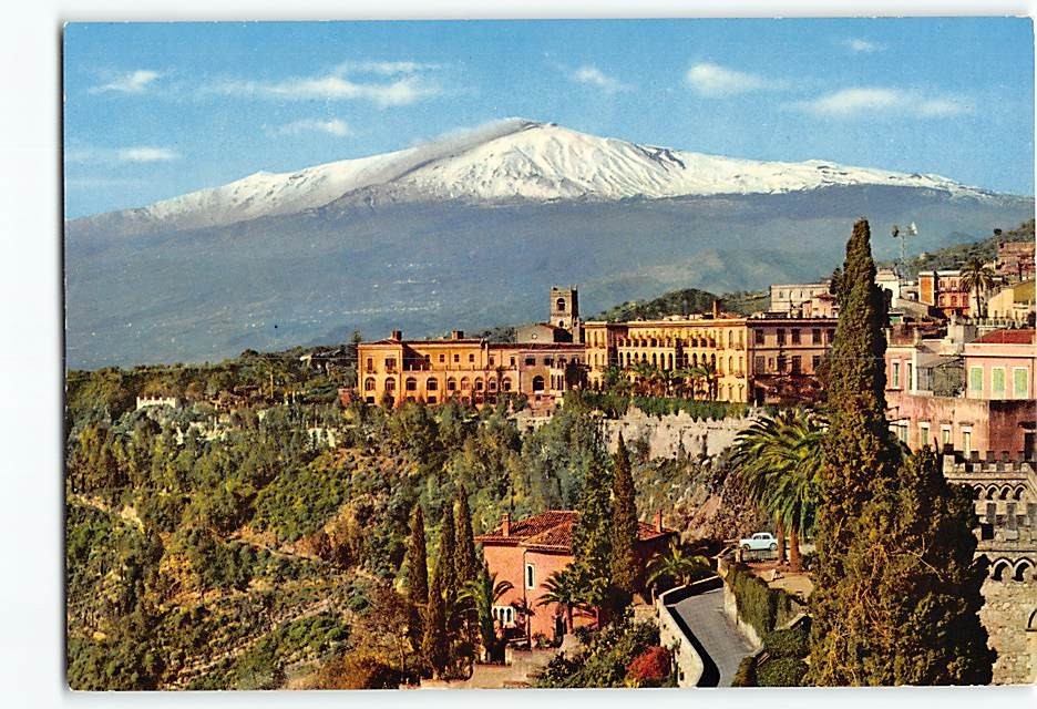 Postcard Etna and San Domenico Taormina Italy